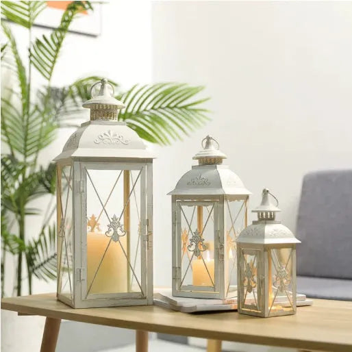 European style wrought iron floor-standing storm lantern with tempered glass panels for garden decoration