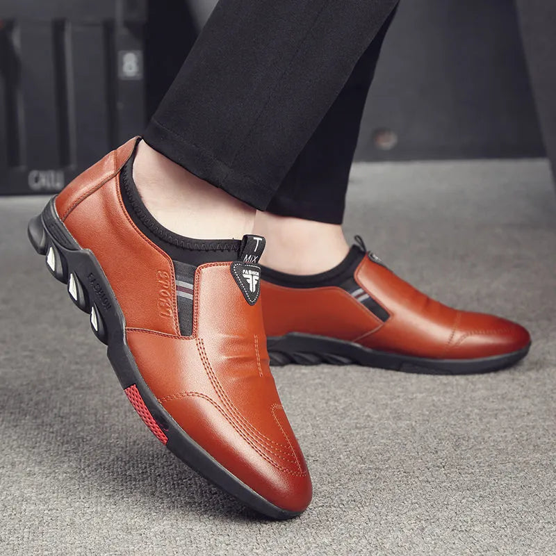 Men's black and brown leather business shoes with lace-up and slip-on style options