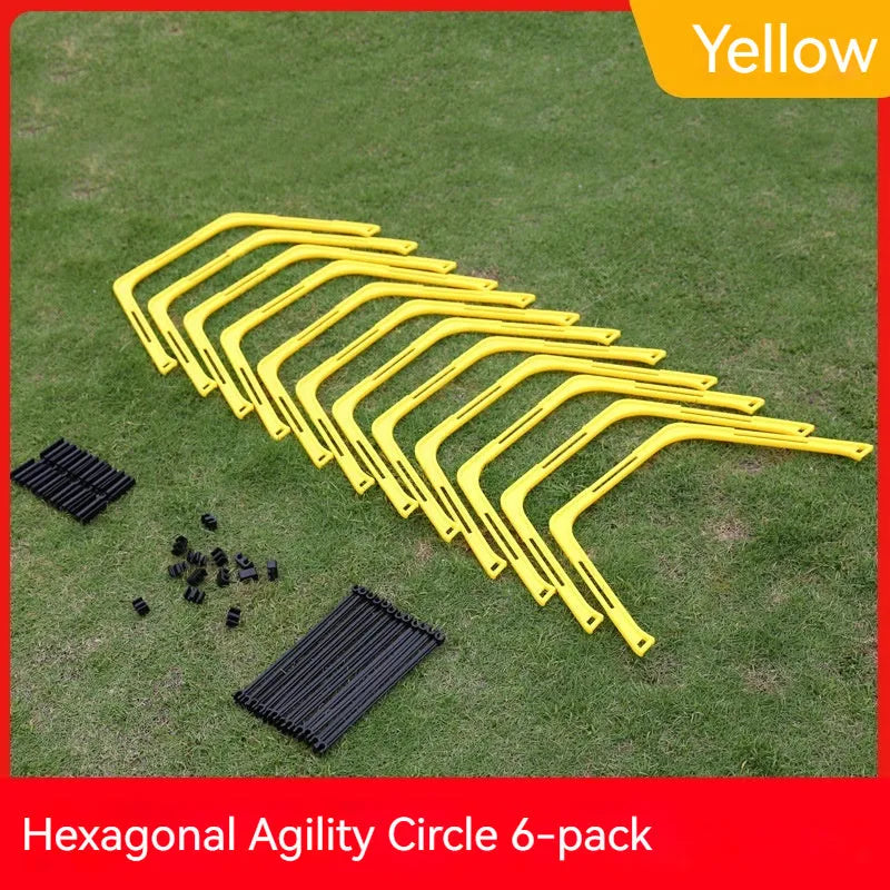 Set of six foldable hexagon football agility training rings in green, orange and yellow PP plastic