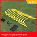 Set of six foldable hexagon football agility training rings in green, orange and yellow PP plastic