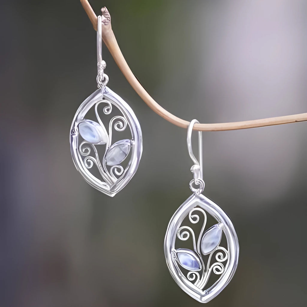 Silver leaf-shaped earrings with colourful embedded moonstones for women