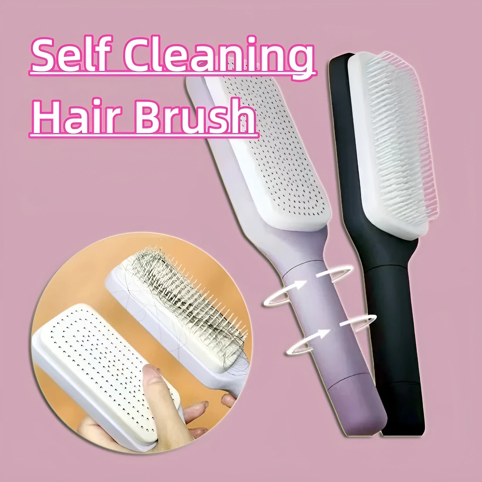 Roland purple self cleaning hair brush with rotating handle and anti-static bristles