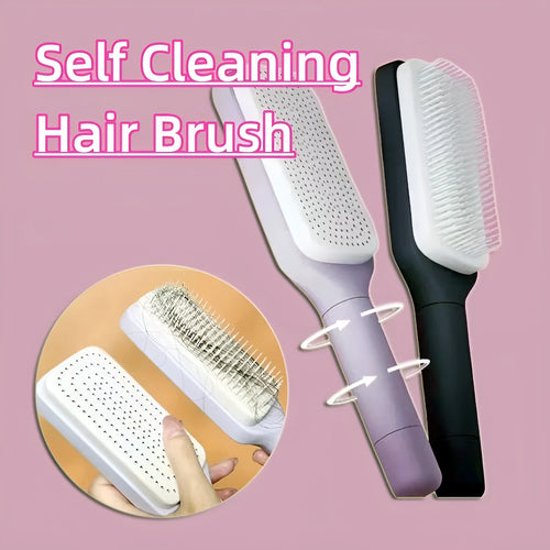 Roland purple self cleaning hair brush with rotating handle and anti-static bristles
