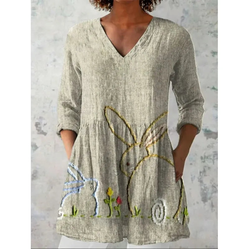 Women's printed wave pattern loose dress with 3/4 sleeves and wide waist design