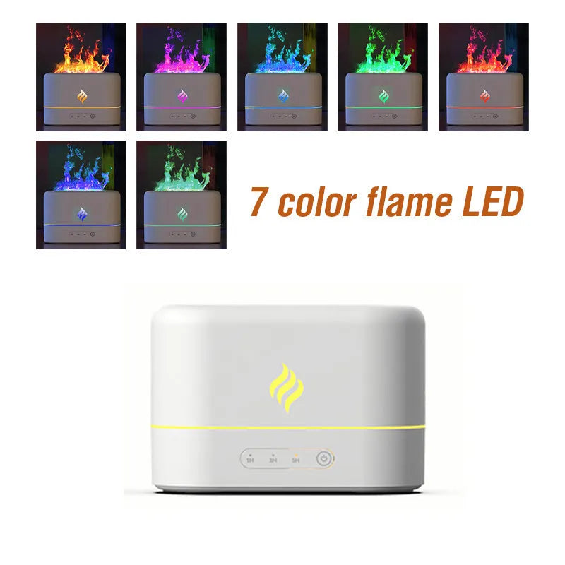 Black USB aromatherapy humidifier with simulated seven-colour flame effect and water tank.