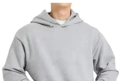 Men's grey fleece-lined cotton pullover hoodie with a wool lining and threaded long sleeves.