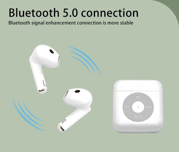 White wireless Bluetooth earphones with a semi-in-ear design and a charging case on a white background.