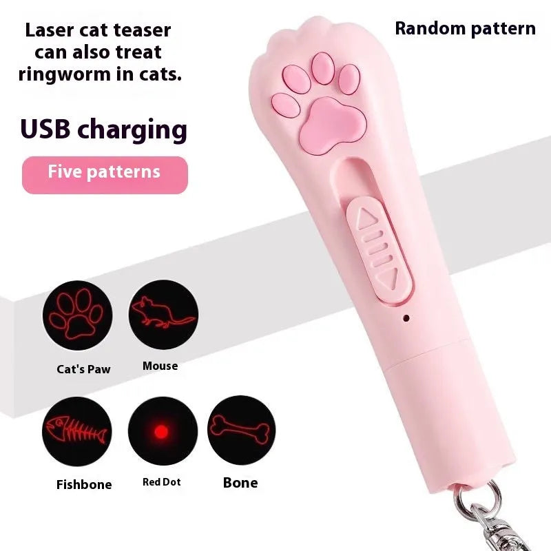 Cat teasing pen light toy with LED light in cream white, pink, or blue plastic