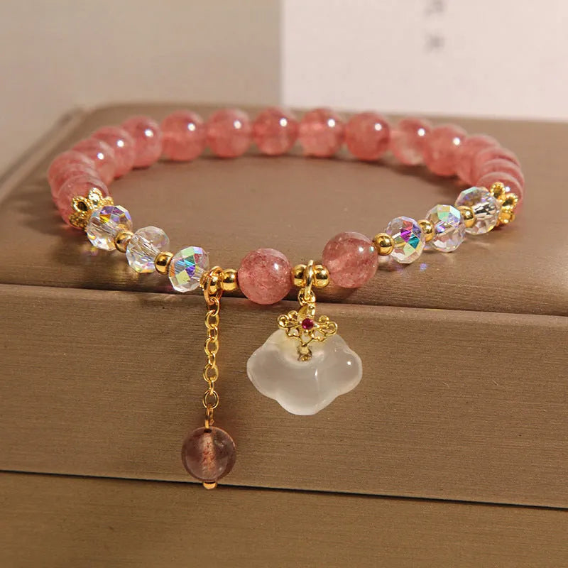 Women's adjustable strawberry quartz crystal bracelet with white agate stones and auspicious cloud charm