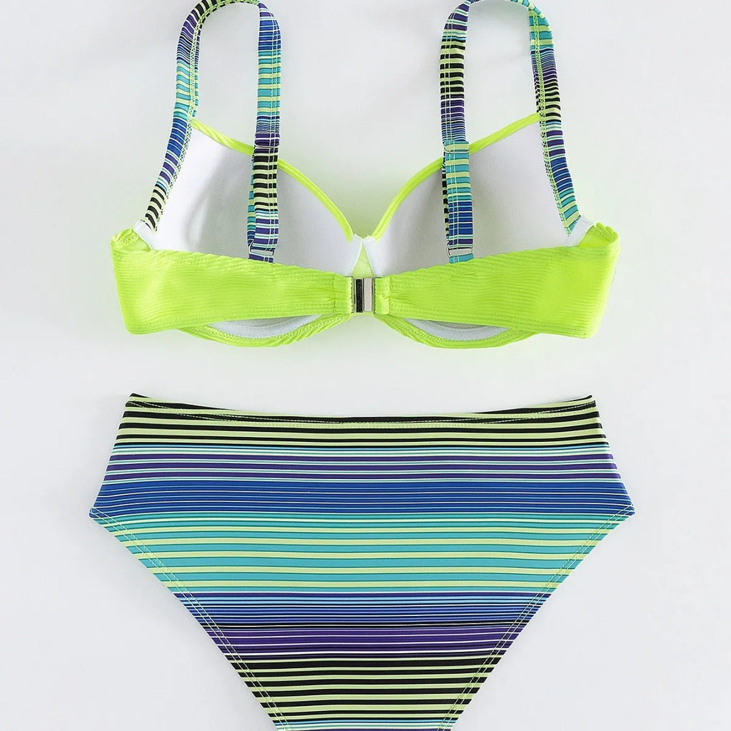 Green printed women's halter bikini with briefs bottoms on white background