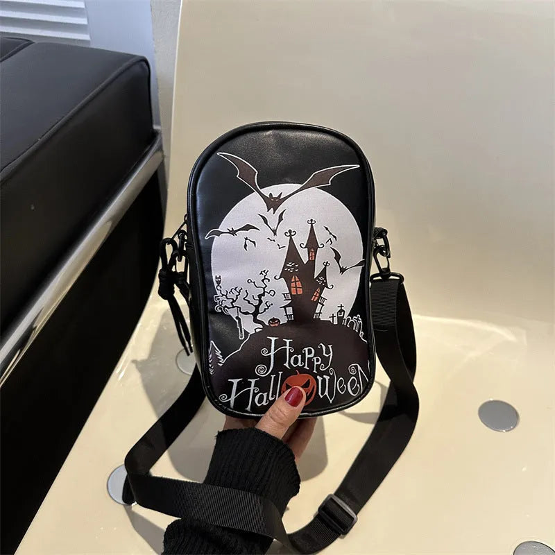 Halloween graffiti phone bag with pumpkin ghost bat print crossbody design