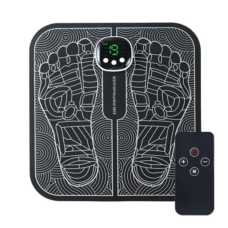Blue electronic foot massager mat with remote control and USB charging cable