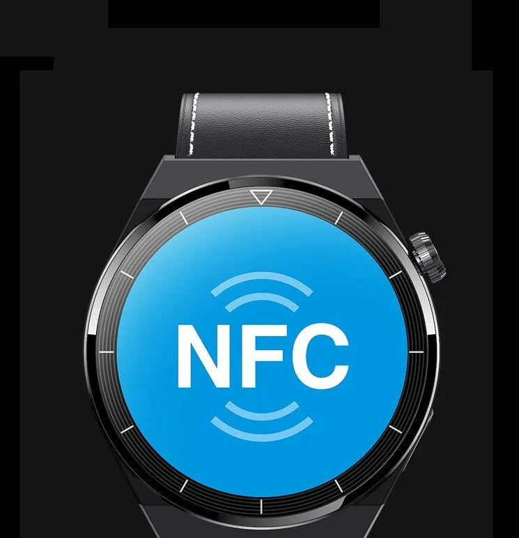 Black and silver Android smart watch with circular screen, silicone band, showing Bluetooth call and NFC access control functions.