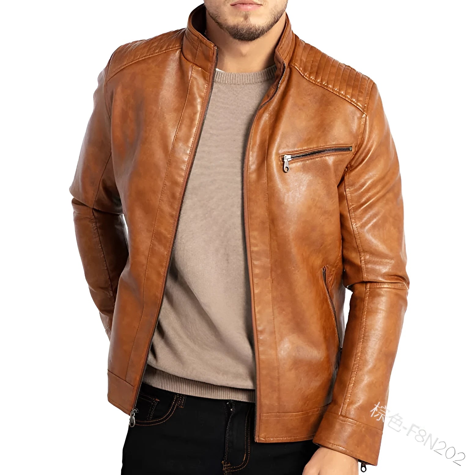 Men's brown polyester artificial leather punk motorcycle jacket with stand collar and patch pockets