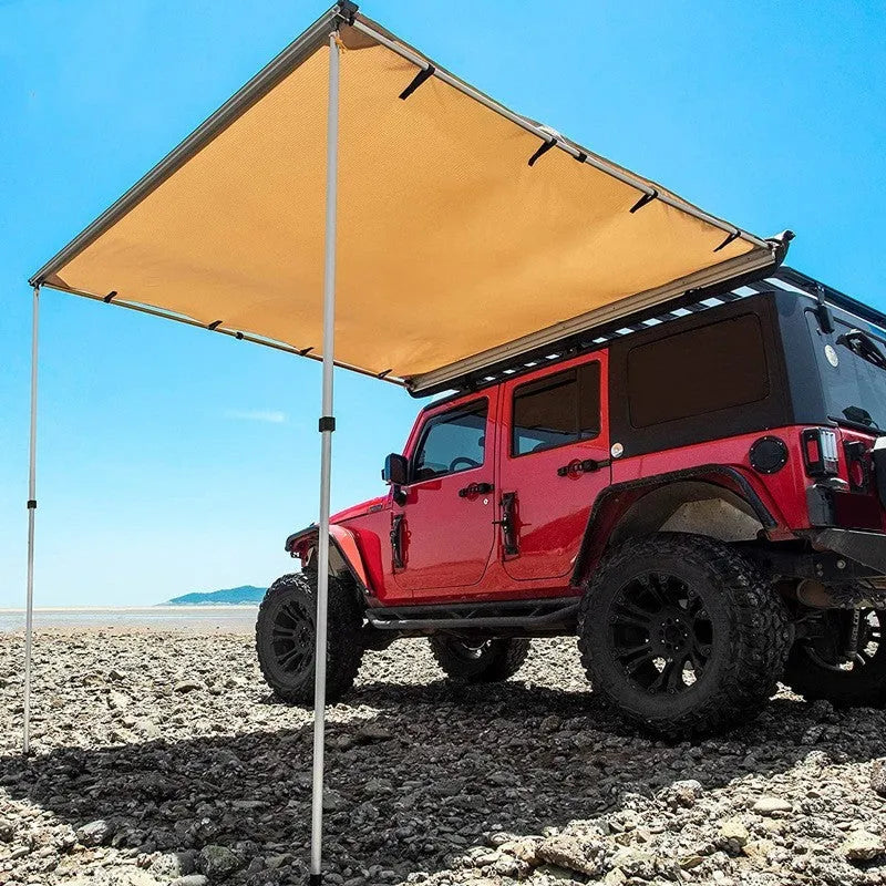 Black two-bedroom camping tent with aluminium alloy poles and Oxford cloth base erected outdoors.