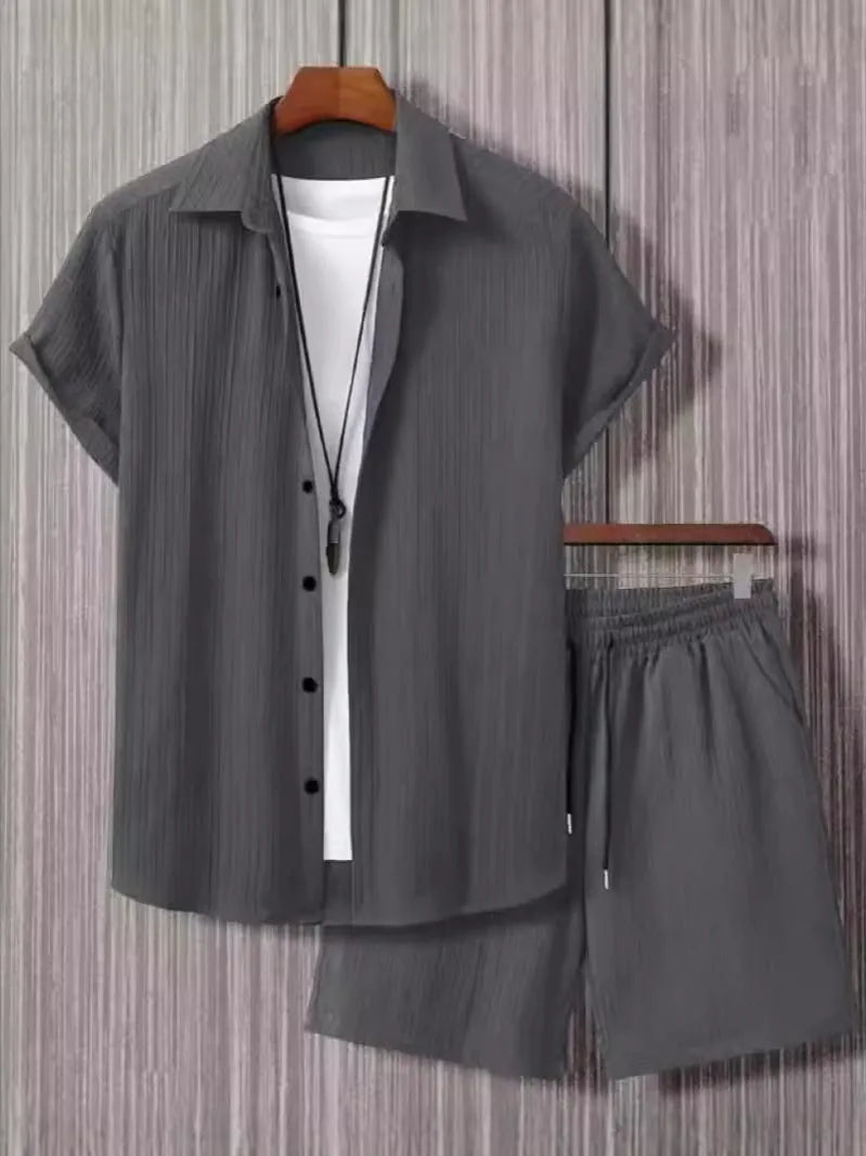 Jacquard short sleeve suit set in chemical fibre blend fabric available in beige, black, grey, or white