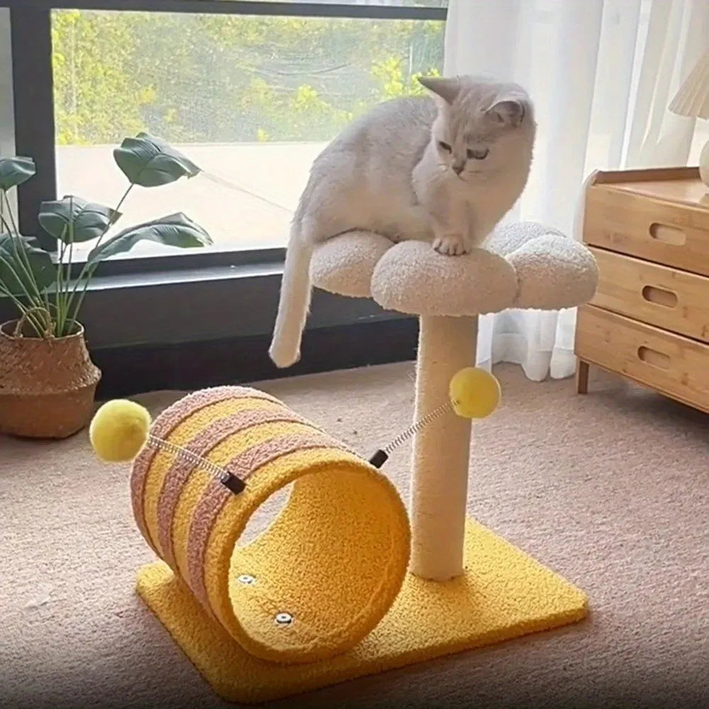 Yellow bee-shaped cat climbing frame with sisal scratching post and integrated play tunnel.