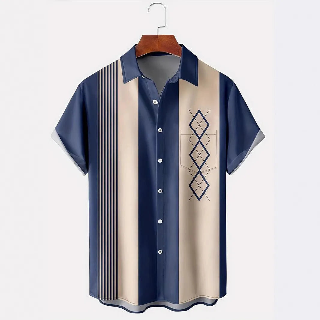 Man wearing a loose fit plaid short-sleeved shirt with a lapel collar.