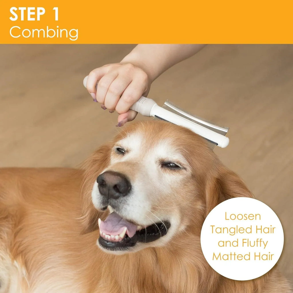 White double-sided pet grooming brush with curved comb and deshedding blades on ergonomic handle