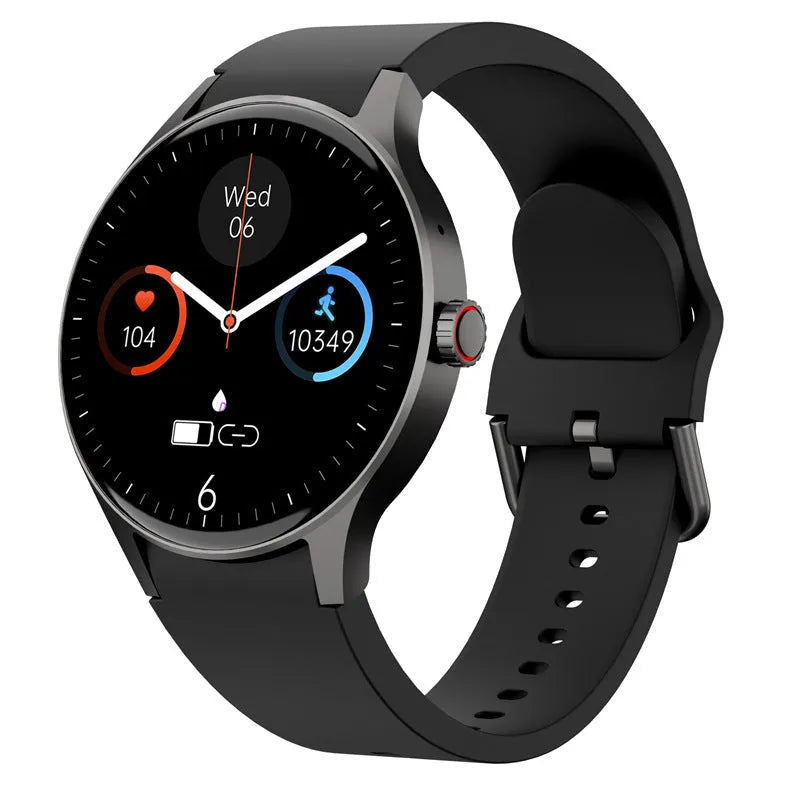 Black smart sport watch with 46mm case and 1.43-inch round touchscreen on wrist