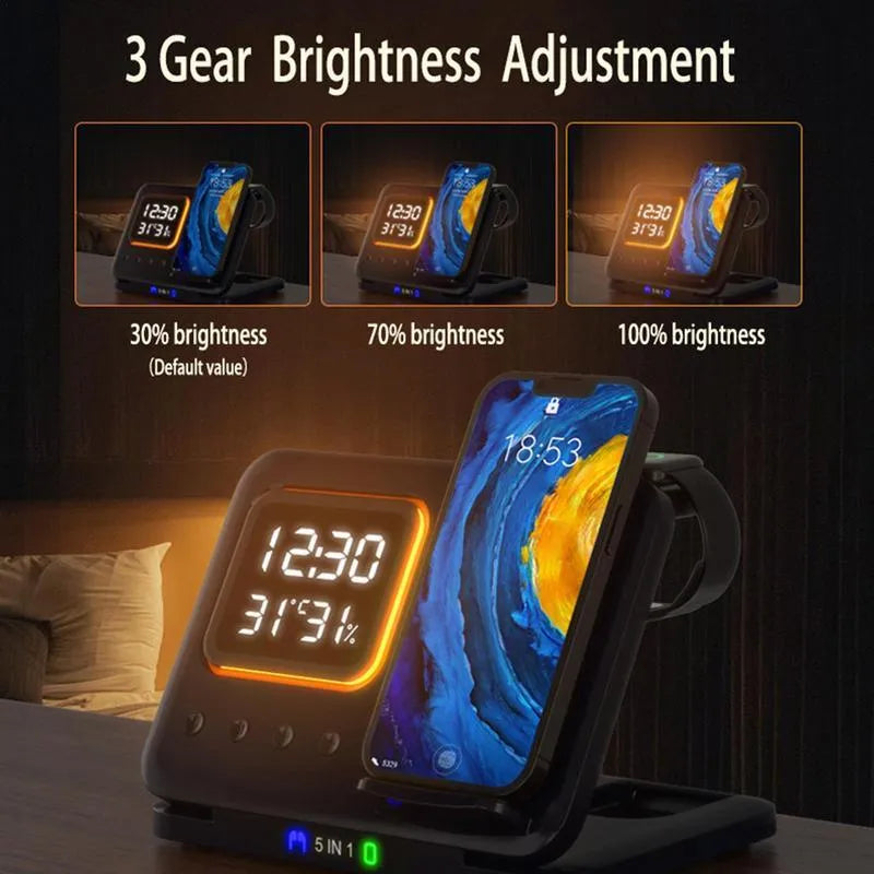 Black wireless charging station with digital clock displaying time and temperature charging phone and watch