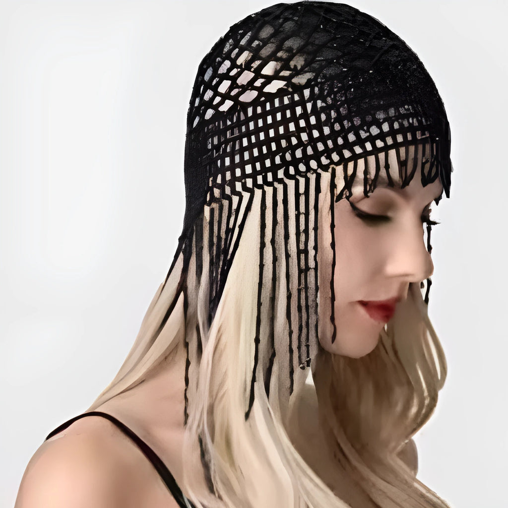 Alloy belly dance hat hair ornament with beaded tassels, 23cm wide decorative mesh