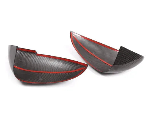 Black carbon fibre rearview mirror covers for Porsche Macan with woven texture detail