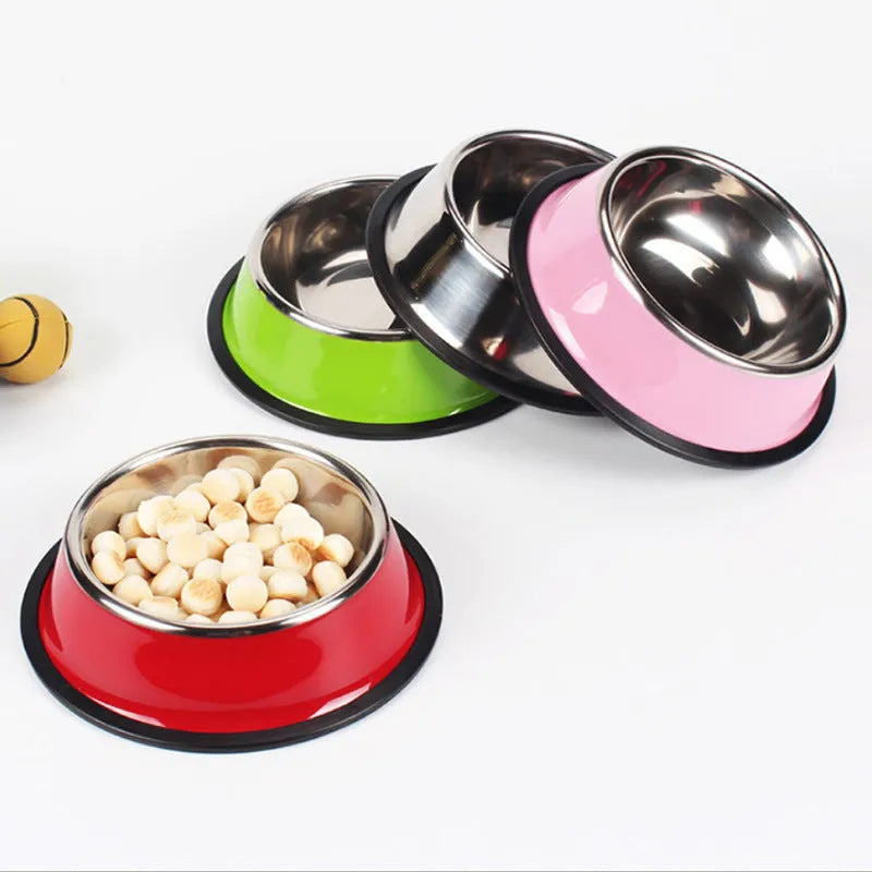 Stainless steel pet bowl with colourful melamine exterior and non-slip rubber ring base