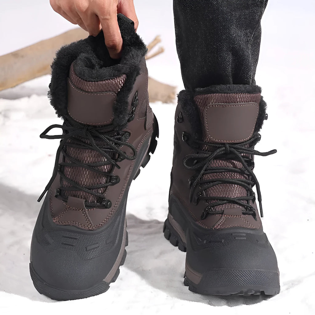 Men's black high-top lace-up boots with fleece lining, flat heel, and ribbed sole.