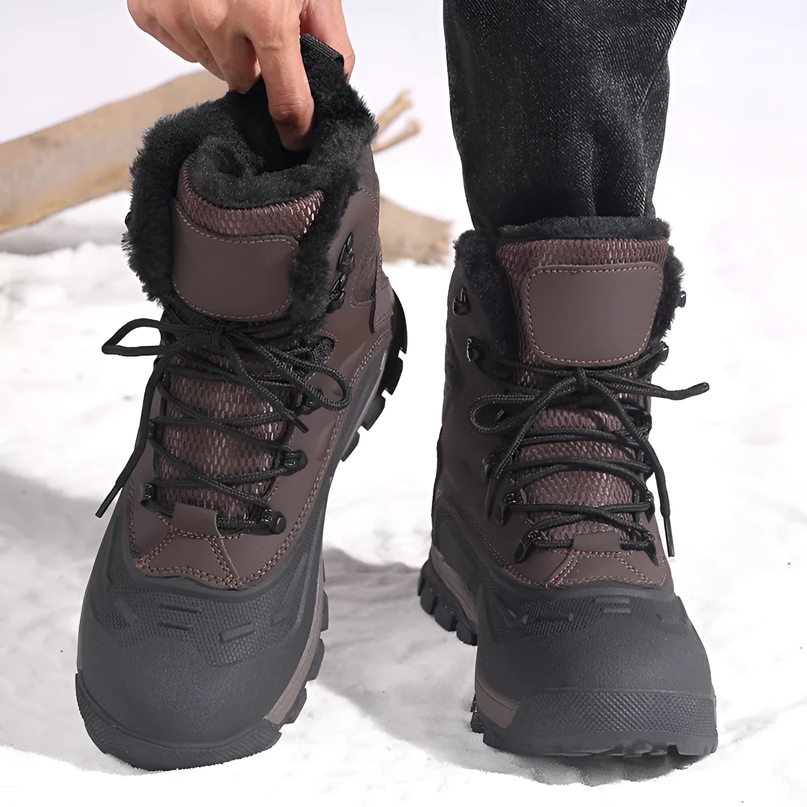 Men's black high-top lace-up boots with fleece lining, flat heel, and ribbed sole.