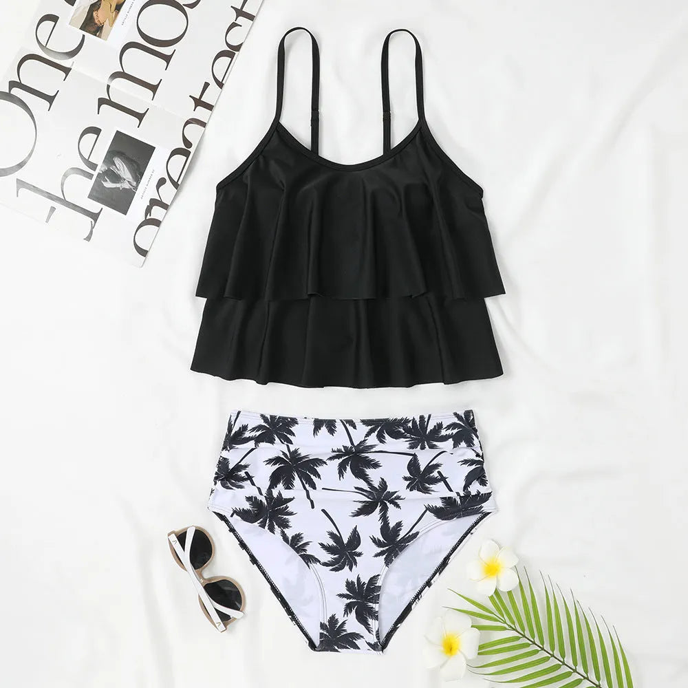 High-waist printed swimsuit in black with coconut tree pattern design