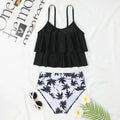 High-waist printed swimsuit in black with coconut tree pattern design