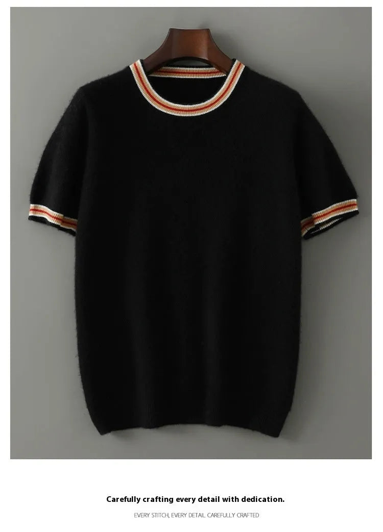 Men's grey pure wool short sleeve round neck sweater pullover laid flat