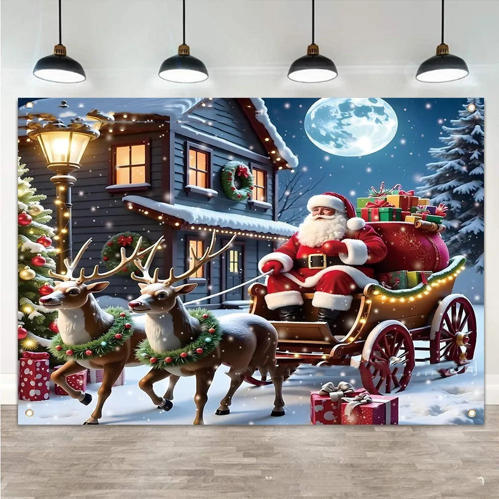 Red Christmas banner with Santa Claus and gifts at night, measuring 210 cm wide by 150 cm high.
