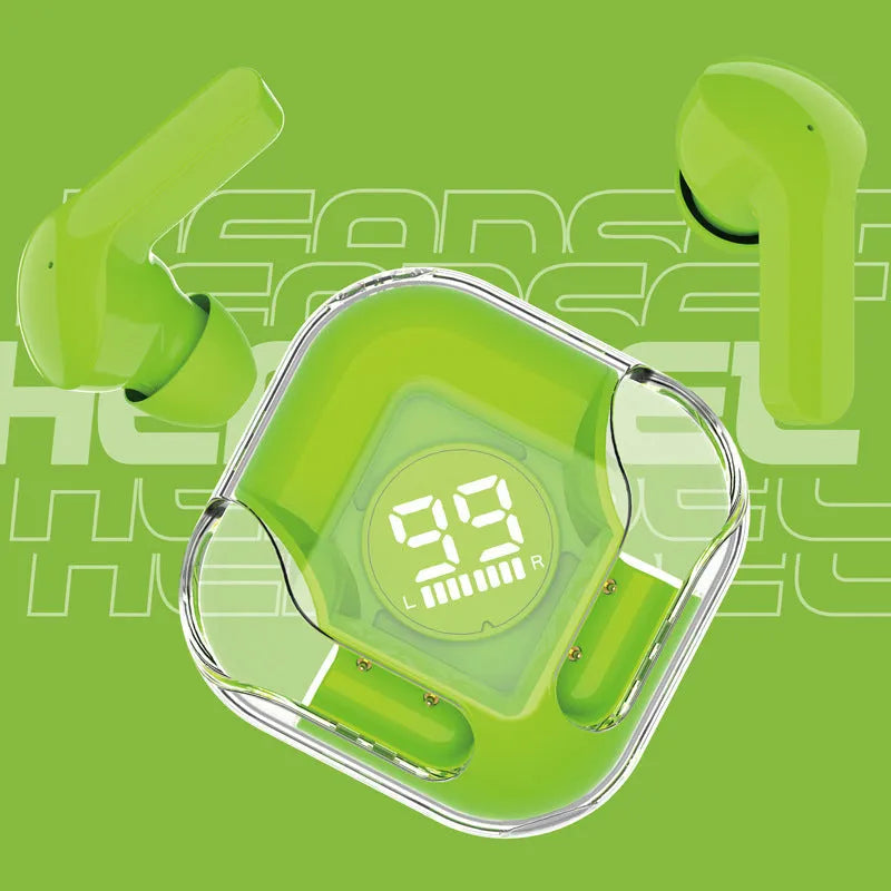 Transparent HIFI noise reduction TWS Bluetooth headphones in white, black, pink, blue, and green colours