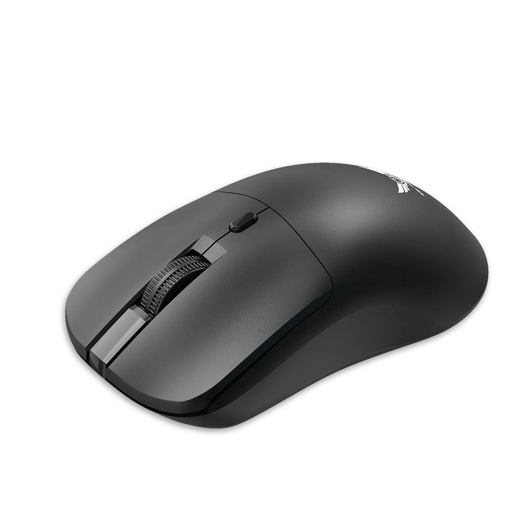 Black wireless computer mouse with three speed settings and battery compartment
