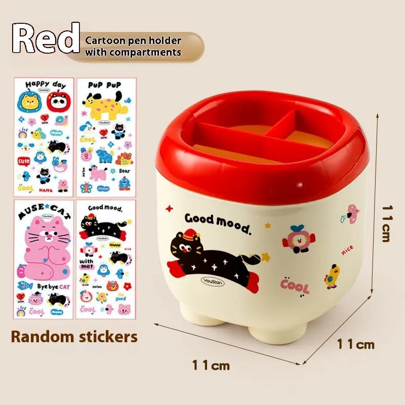 Cartoon-style plastic desktop organiser with grid compartments and labelling stickers for stationery storage