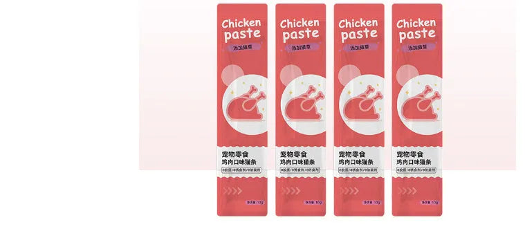 Pack of 10 soft cat snack strips in four flavour varieties: chicken, duck, salmon, and tuna.