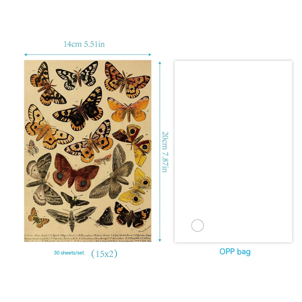 30-piece retro scrapbook paper set showing floral, botanical, musical, and handwritten letter designs for diary decoration