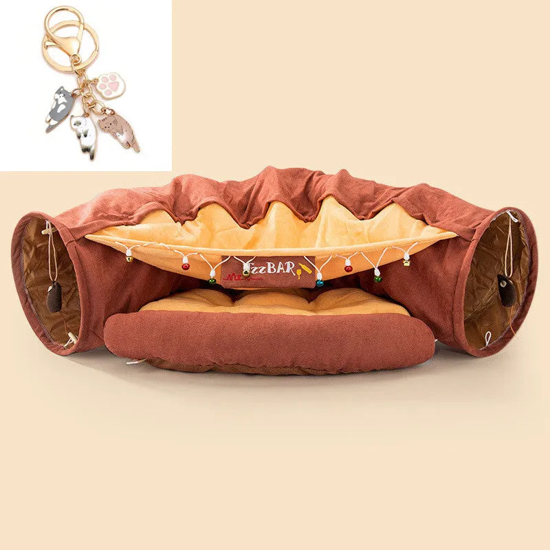 Collapsible fabric cat tunnel toy in bar, coffee, matcha, or pink colours, showing 45cm dimensions