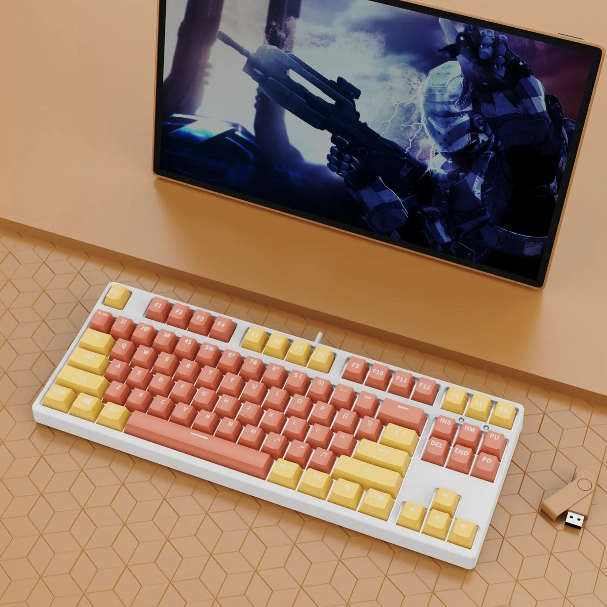 87-key mechanical keyboard with colourful keys on black or white metal chassis