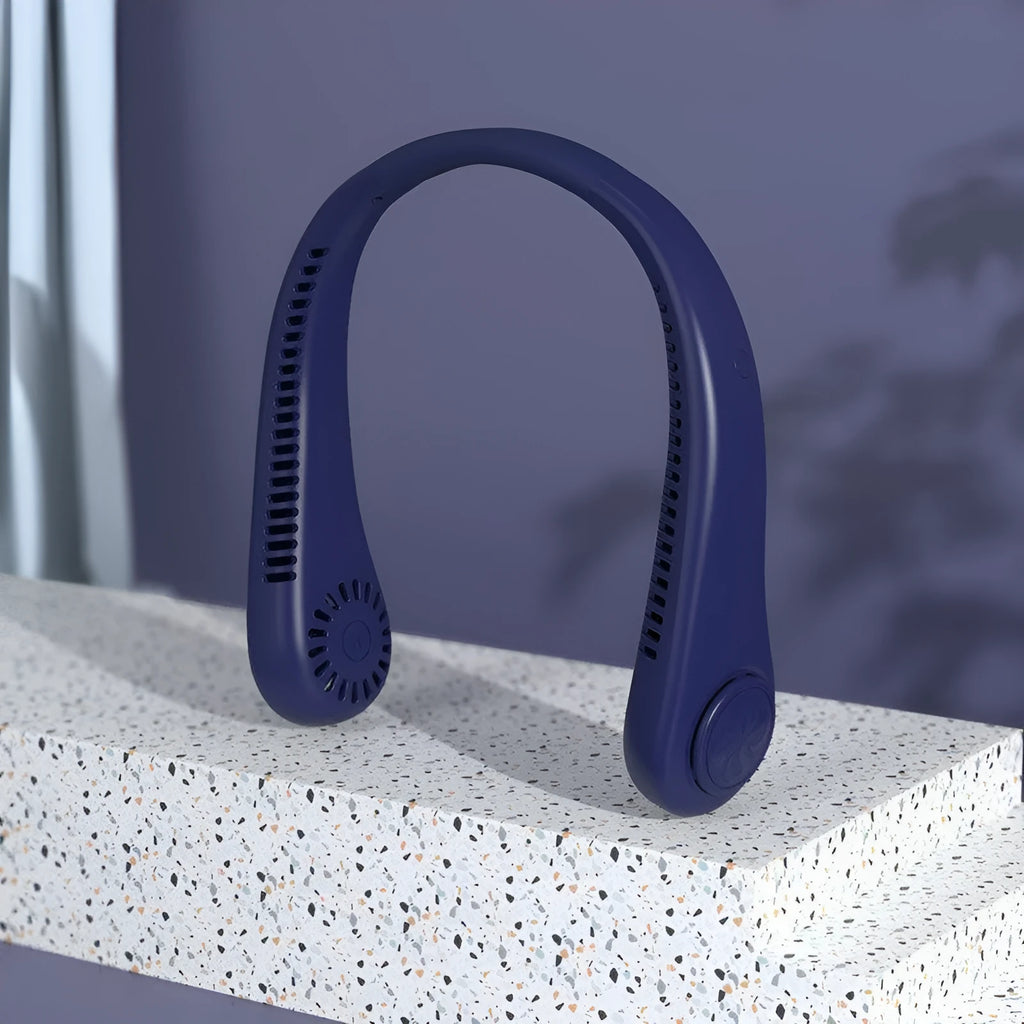 Blue portable bladeless neck fan showing USB charging port and adjustable controls