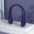 Blue portable bladeless neck fan showing USB charging port and adjustable controls