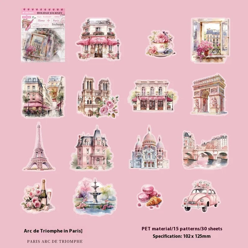 Holiday Journey Series retro architecture journal stickers showing six landmark designs.