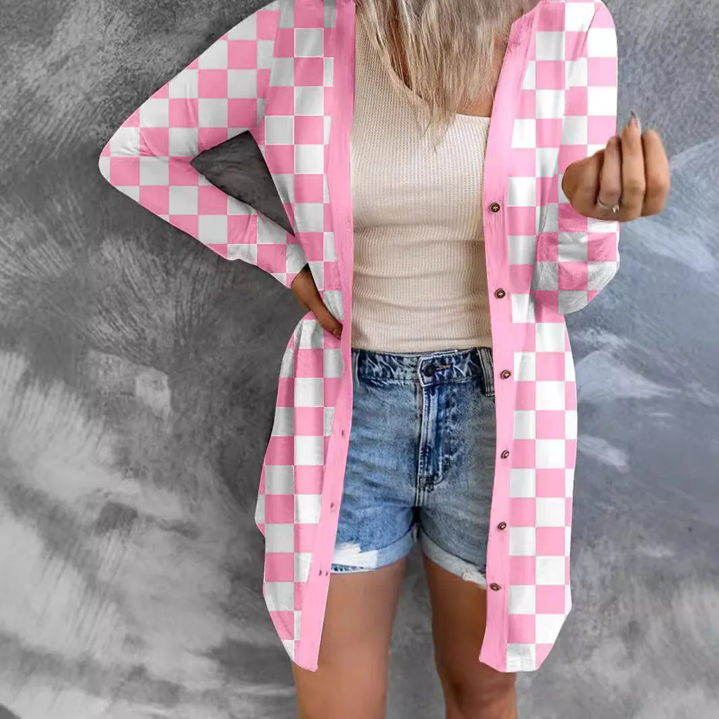 Women's long plaid contrast colour knitted cardigan coat in loose fit street fashion style