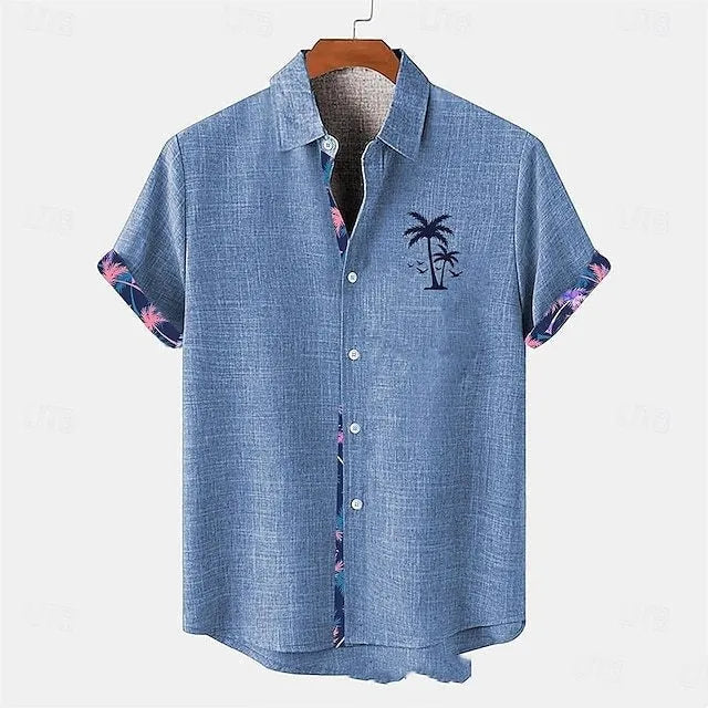 Loose fit linen short-sleeved shirt with an ocean fish pattern on the lapel.