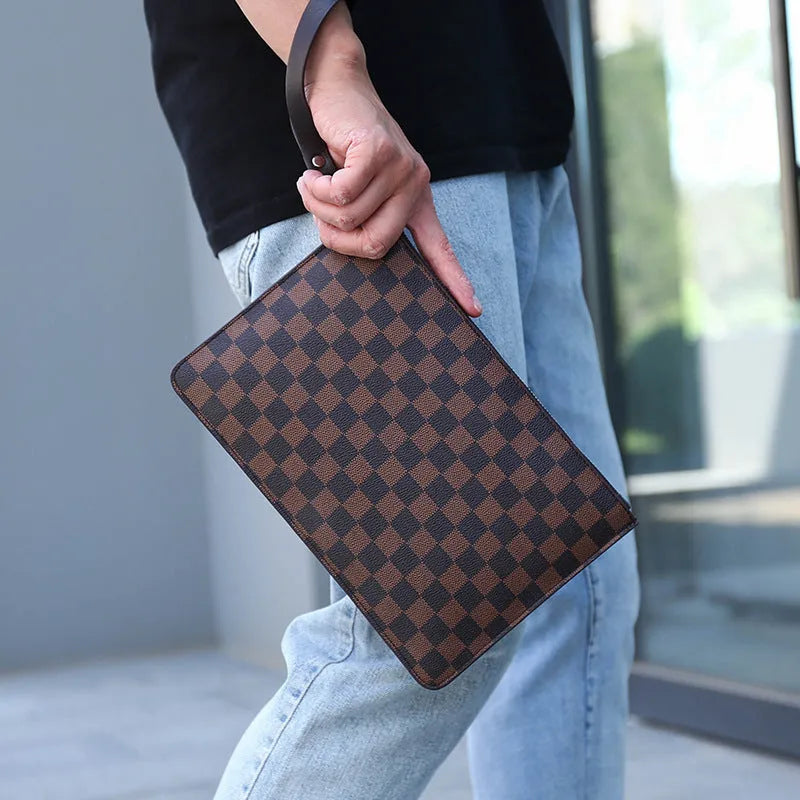 Men's black checkered PU leather clutch wallet showing six card slots and bill compartment