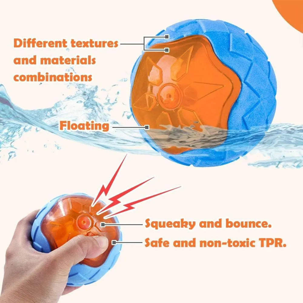Set of three floating dog toys: a blue squeaky ball, an orange barbell, and red tyres on a beach.