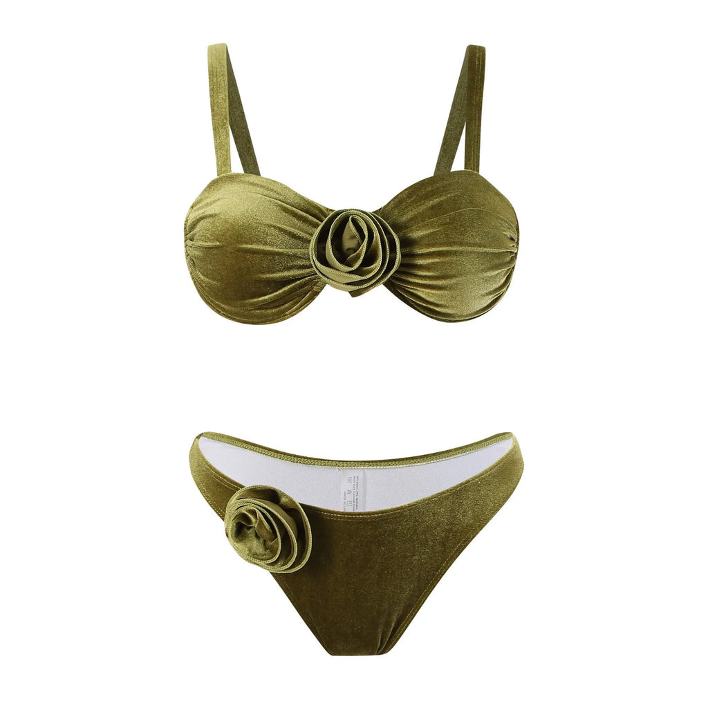 Women's green floral swimsuit with briefs style and separate bra component for swimming and fitness