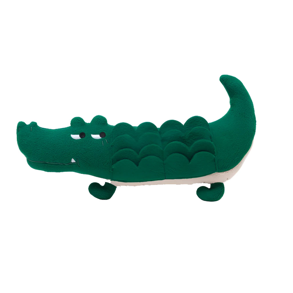 Green plush toy dog measuring 35cm long on a white background